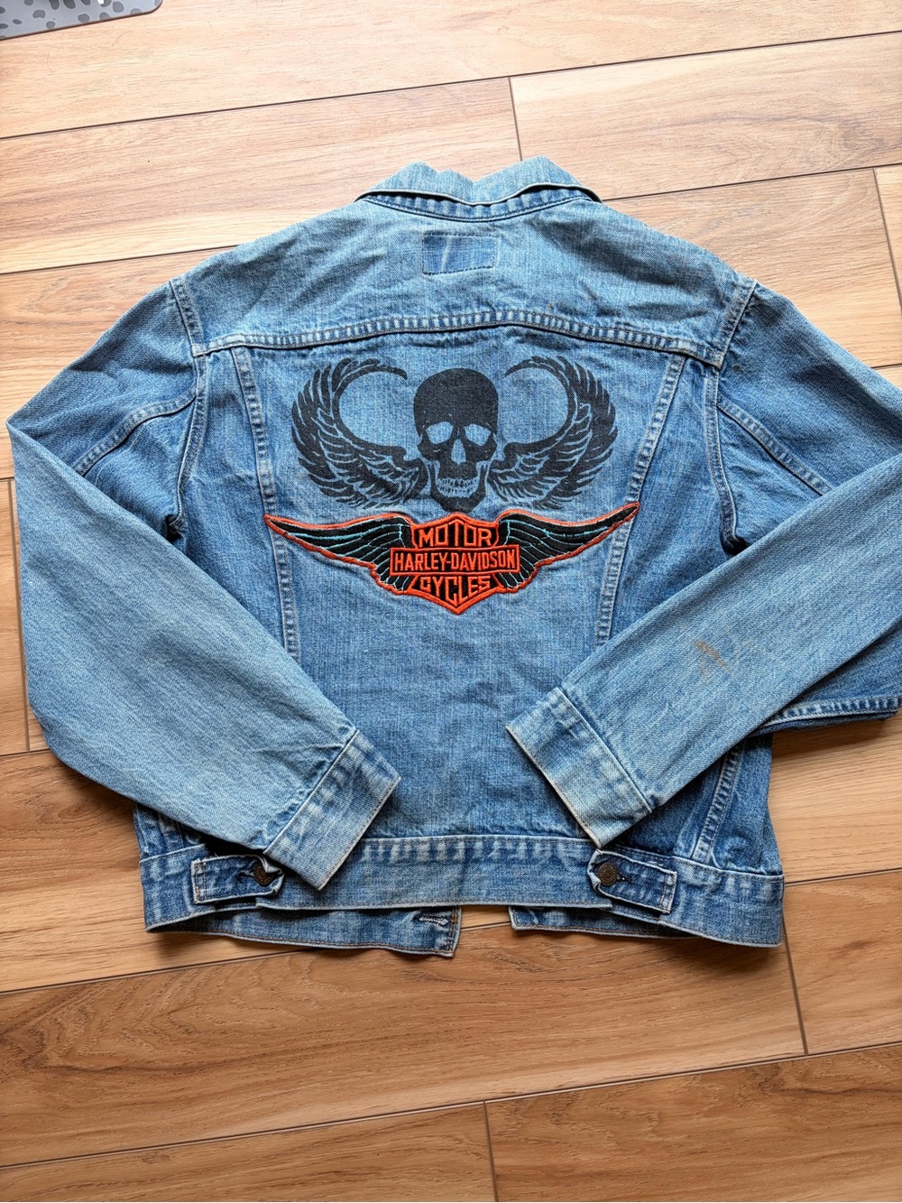 Levi's Light Blue Denim Jacket with Black Skull & Orange Harley Patch